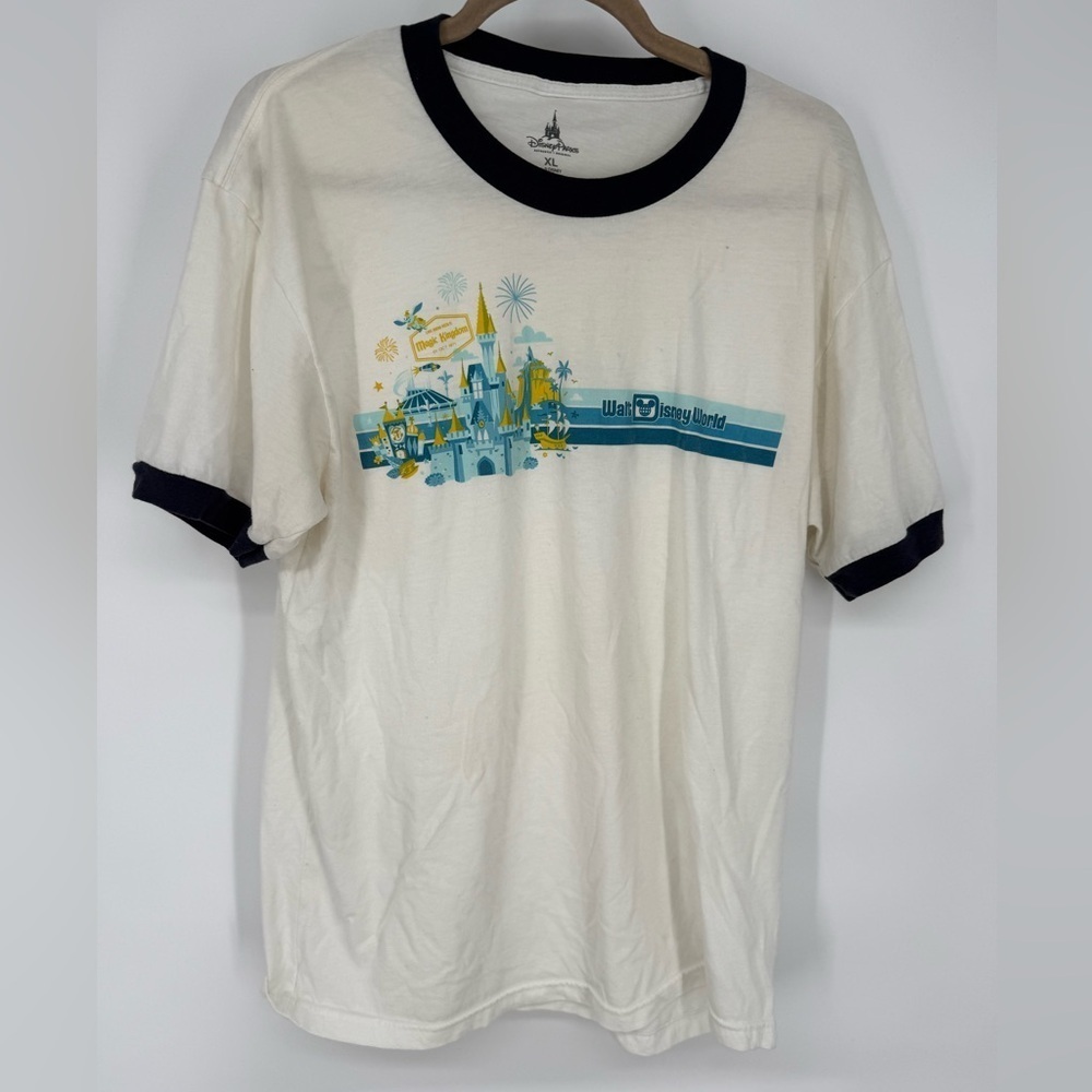 Disney Cream and Black Ringer Tee with Blue Graphic